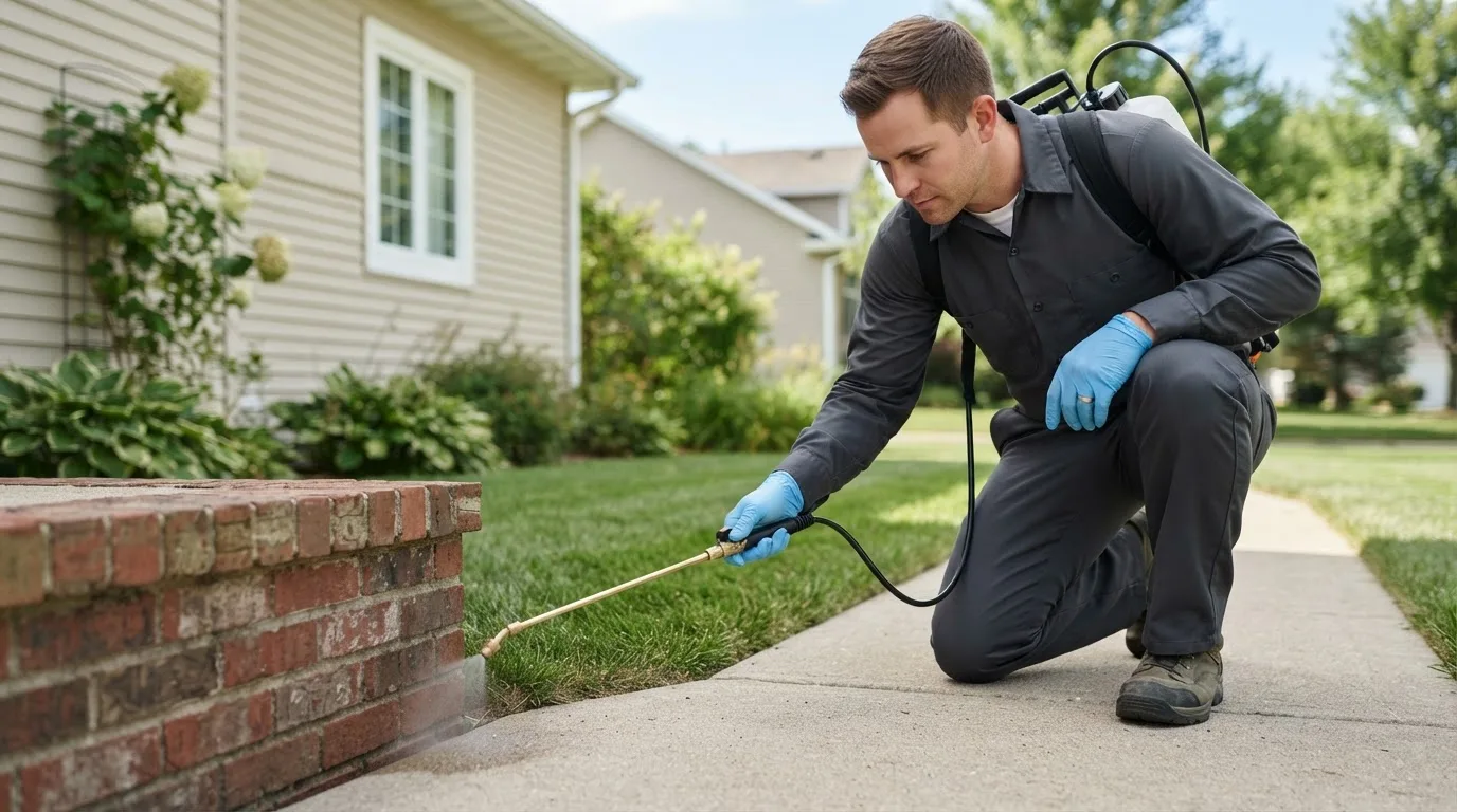 Pest control technician treating a home near Venango, PA